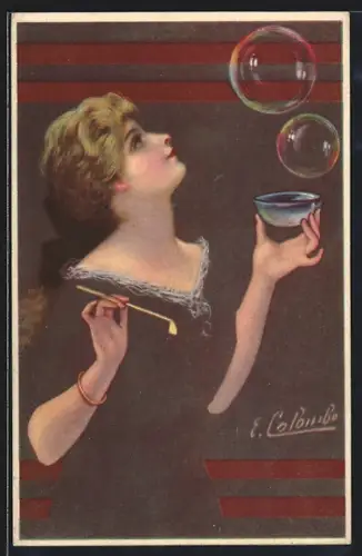 Künstler-AK E. Colombo: Dame macht Seifenblasen