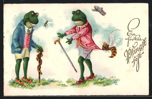 Künstler-AK Zwei Frösche in Sommerkleidung werden von Bienen attackiert, vermenschlichte Tiere