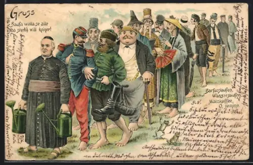 Lithographie Wörishofen, Kurgäste aus aller Herren Länder folgen Sebastian Kneipp