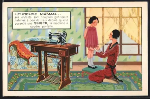 AK Reklame Singer Nähmaschine, Mutter nähte ein Kleid für ihre Tochter