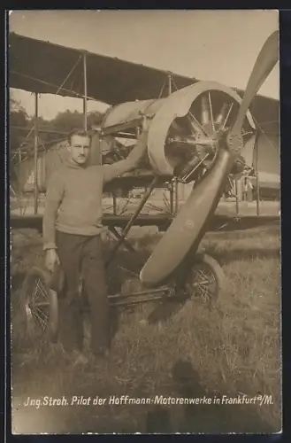 AK Ing. Stroh. Pilot der Hoffmann-Motorenwerke Frankfurt a. M. vor einem Doppeldecker-Flugzeug