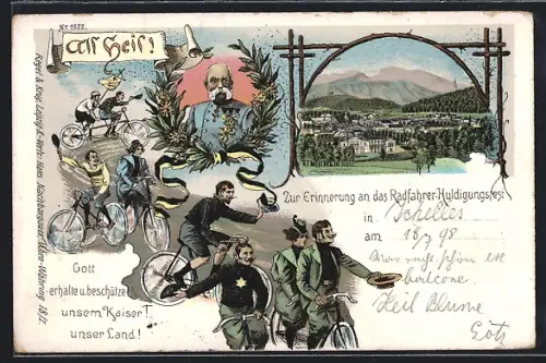 Lithographie Ischl, Radfahrer-Huldigungsfest, Ortsansicht, Kaiser Franz Josef I.