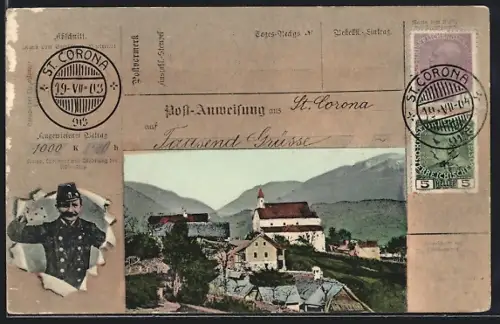 AK St. Corona, Ortsansicht aus der Vogelschau, Briefträger
