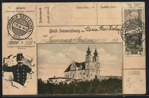 AK Maria Drei Eichen, Ortsansicht mit Kirche, Briefträger