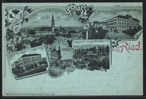 Mondschein-Lithographie Ried, K. K. Kreisgerichtsgebäude, Rathaus, Stadtbrunnen, Schlossberg