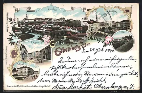 Lithographie Obernberg, Volksschule, Ufergasse, Marktplatz, Totalansicht