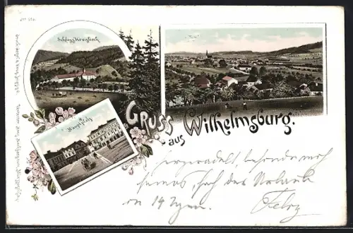Lithographie Wilhelmsburg, Hauptplatz, Schloss Kreisbach