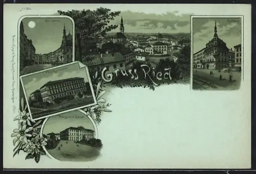 Mondschein-Lithographie Ried, Marktplatz, Rathaus, K. k. Gymnasium