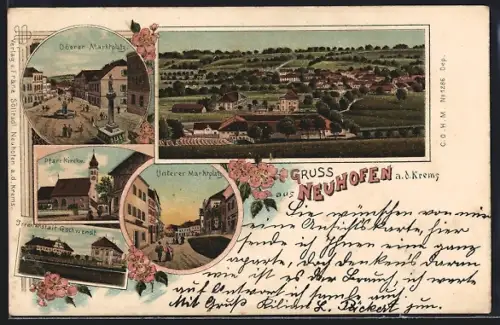 Lithographie Neuhofen a. d. Krems, Oberer Marktplatz, Irrenanstalt Gschwendt, Pfarrkirche