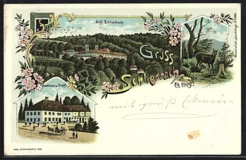 Lithographie Schlierbach /O. Oest., Gasthaus zu Dorff, Stift