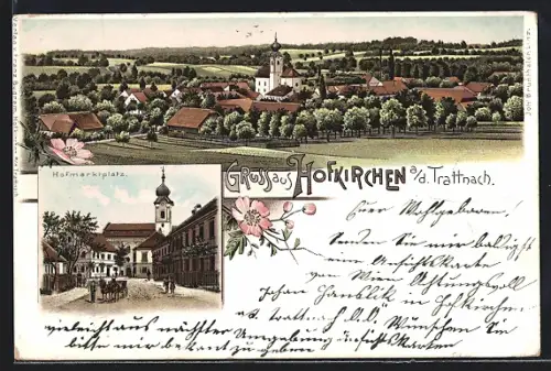 Lithographie Hofkirchen a. d. Trattnach, Hofmarktplatz, Ortsansicht mit Kirche