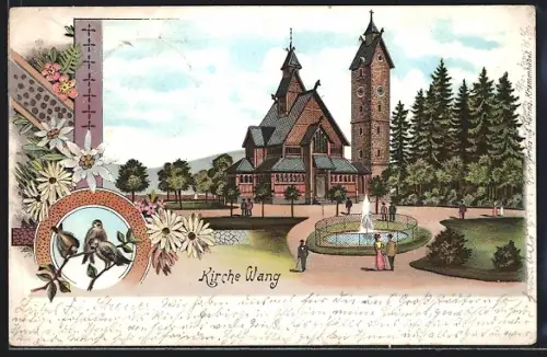 Lithographie Brückenberg, Brunnen mit der Kirche Wang