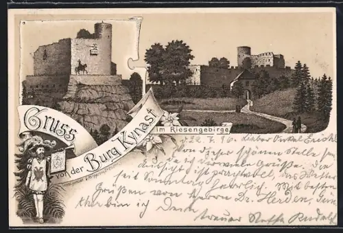 Lithographie Burg Kynast i. Riesengebirge, Restaurant M. Bischoff, Burgruine