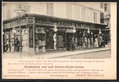 AK Wien, Confection und auch Damen-Kleiderstoffen, Neuer Markt 16, Inh. Adolf Heidrich