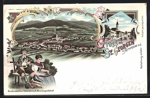 Lithographie St. Georgen, Marktplatz, Gesamtansicht