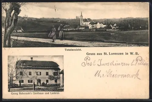 AK St. Lorenzen in W. B., Georg Rebernak`s Gasthaus und Lederei, Ortspanorama