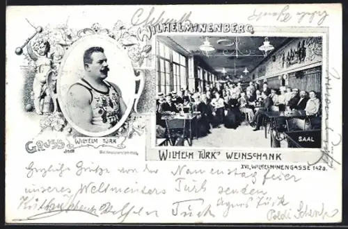 AK Wien, Gasthaus Wilhelm Türks Weinschank in der Wilhelminengasse 142a, Porträt von Wilhelm Türk