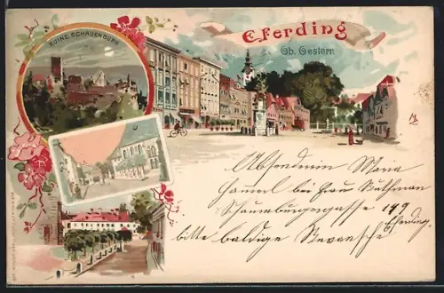 Lithographie Eferding /Ob. Oesterr., Ruine Schauenburg, Partie im Ort