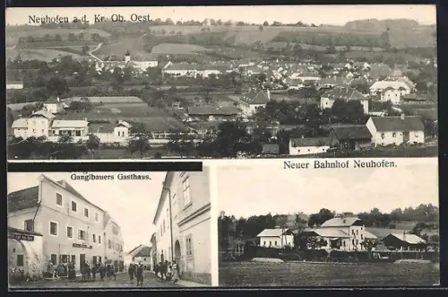 AK Neuhofen an der Krems, Ortsansicht, Neuer Bahnhof, Gasthaus Ganglbauer