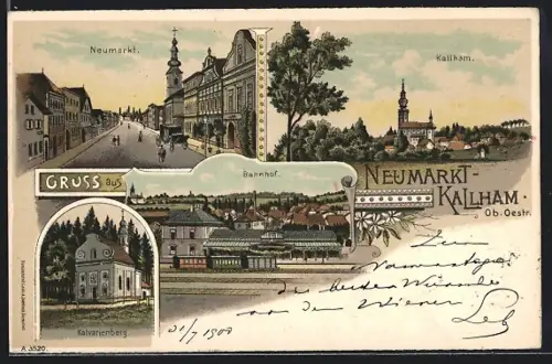 Lithographie Neumarkt im Hausruckkreis, Neumarkt-Kalham, Bahnhof, Totalansicht, Kalvarienberg