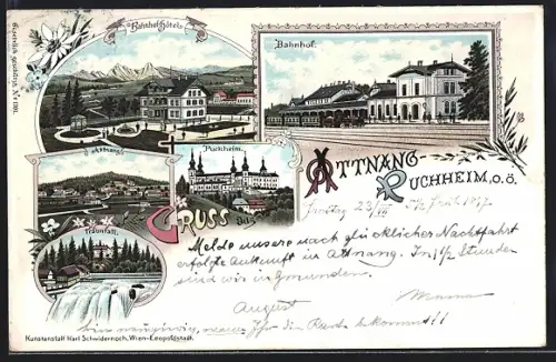 Lithographie Attnang-Puchheim, Bahnhofshotel, Bahnhof, Traunfall