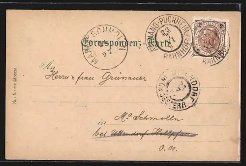 Lithographie Attnang-Puchheim, Bahnhofshotel, Bahnhof, Traunfall