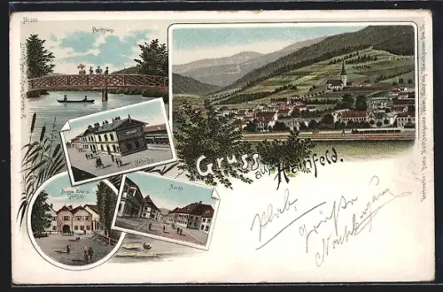Lithographie Hainfeld, Ortsansicht, Parksteg, Bahnhof, Franz Zobels Gasthof
