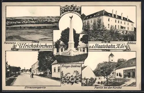 AK Ulrichskirchen a. d. Staatsbahn, Schloss, Krieger-Denkmal, Partie bei der Kirche