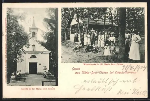 AK Oberhollabrunn, Klein-Drei-Eichen, Gasthaus Waldschenke im Ort, Kapelle im Ort
