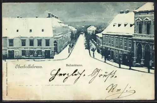 AK Oberhollabrunn, Buchhandlung Max Jordan in der Bahnstrasse