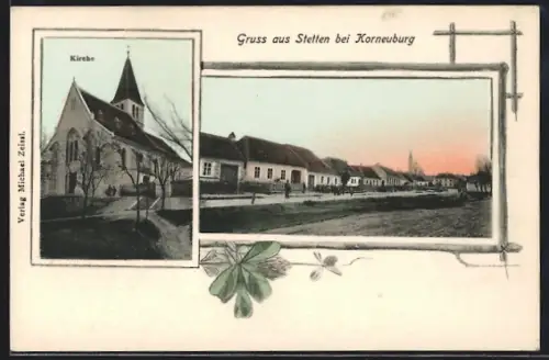 AK Stetten bei Korneuburg, Kirche, Strassenpartie im Ort