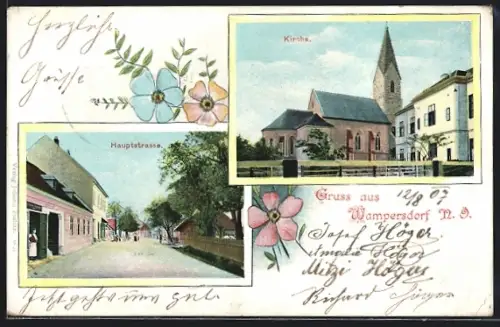 AK Wampersdorf, Kirche, Blick in die Hauptstrasse