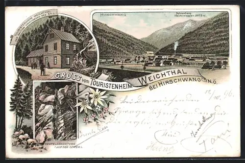 Lithographie Reichenau an der Rax, Hirschwang, Schneeberg, Teufelsbadstube, Touristenheim Weichthal