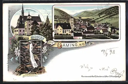 Lithographie Gaming /N.-Oe., Karthause, Schleierfall, Ortsansicht