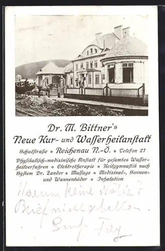 AK Reichenau /N.-Ö., Dr. M. Bittner`s Neue Kur- und Wasserheilanstalt in der Schulstrasse