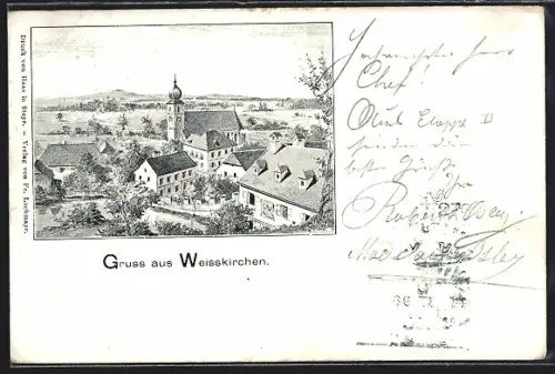 Lithographie Weisskirchen, Blick auf die Kirche im Ort