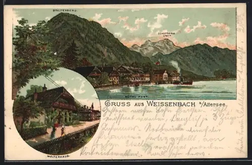 Lithographie Weissenbach a. Attersee, Hotel Post, Breitenberg, Schafsberg, Wolterhaus