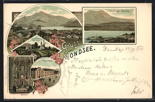 Lithographie Mondsee, Gasthaus zur Post, Hochaltar, Landungsplatz & Bahnhof