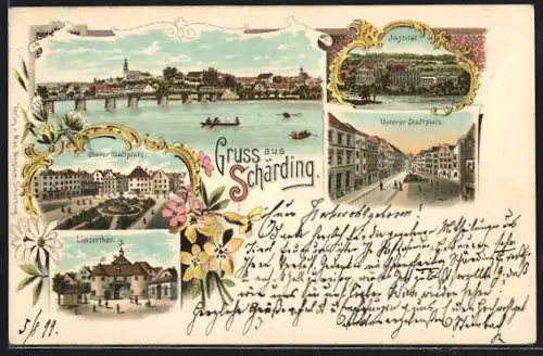 Lithographie Schärding, Linzerthor, Institut, Oberer Stadtplatz