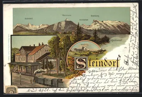 Lithographie Strasswalchen, Steindorf, Bahnhof mit Eisenbahn, Totalansicht mit Berglandschaft