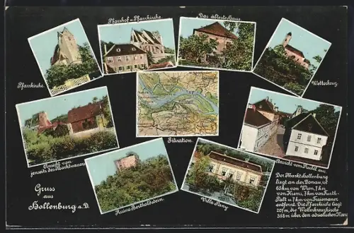 AK Hollenburg a. D., Villa Pany, Pfarrhof und Pfarrkirche, Ruine Bertholdstein