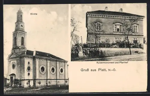 AK Zellerndorf /N.-Ö., Gruss aus Platt, Kirche, Kaisermonument, Pfarrhof