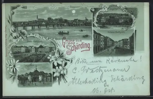 Mondschein-Lithographie Schärding, Institut, Unterer Stadtplatz, Linzerthor