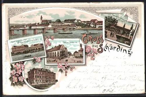 Lithographie Schärding, Oberer Stadtplatz, Kaltwasserheilanstalt Ebenhecht