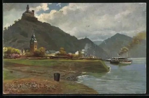 Künstler-AK Braubach am Rhein, Blick auf Marksburg