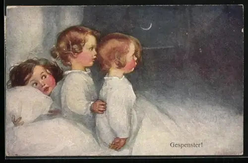 Künstler-AK M. Munk Nr. 862: drei Mädchen blicken aus dem Bett in die Dunkelheit hinaus