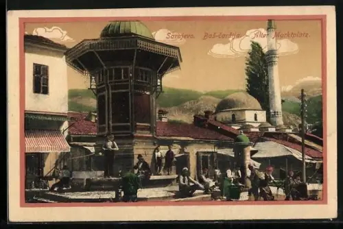 AK Sarajevo, Menschen in Trachten auf dem alten Marktplatz