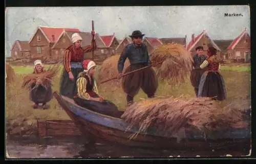 Künstler-AK Johan Georg Gerstenhauer: Männer und Frauen verladen Heu auf ein Boot