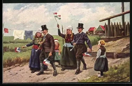 Künstler-AK Johan Georg Gerstenhauer: Pärchen mit Kindern und schwenkenden Fahnen