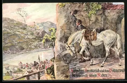 Künstler-AK Hans Kaufmann: Reiter blickt auf einen Fluss, Weinanbaugebiet